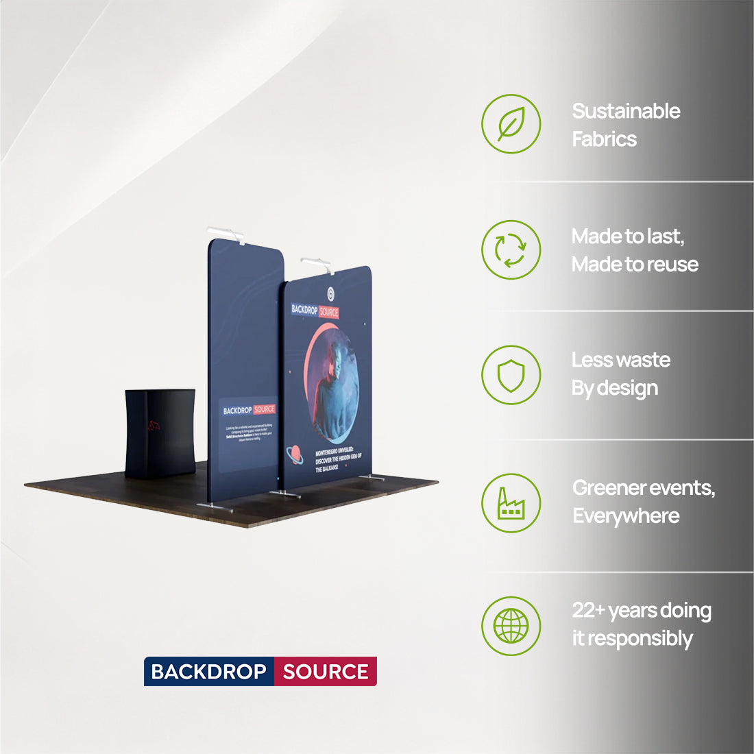 Kit de stand 3x3m avec cloisons droites et inclinées, comptoir et support TV