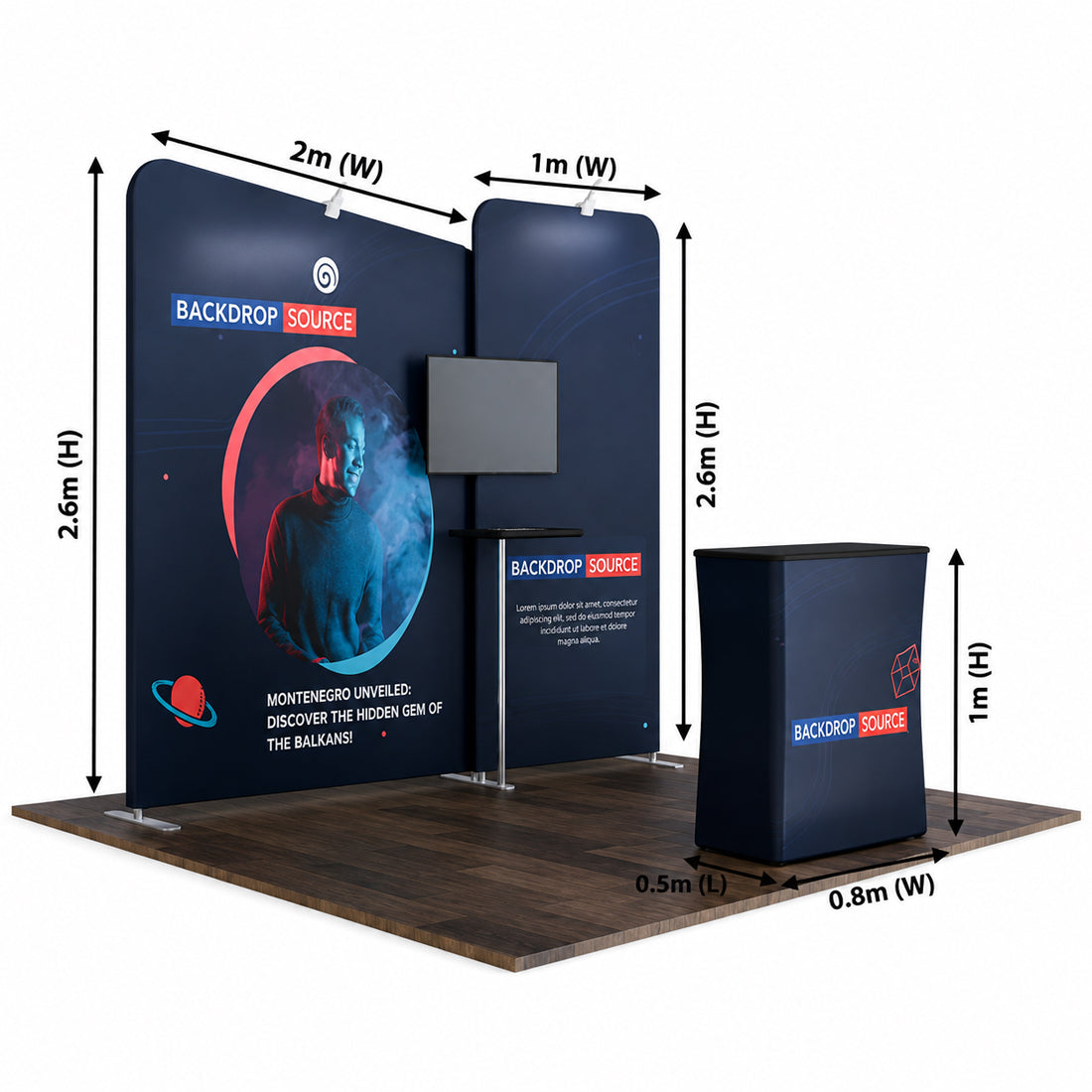 Kit de stand 3x3m avec cloisons droites et inclinées, comptoir et support TV
