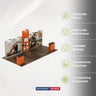 Kit de stand 6x3m avec grand mur d'angle, 2 comptoirs et support TV