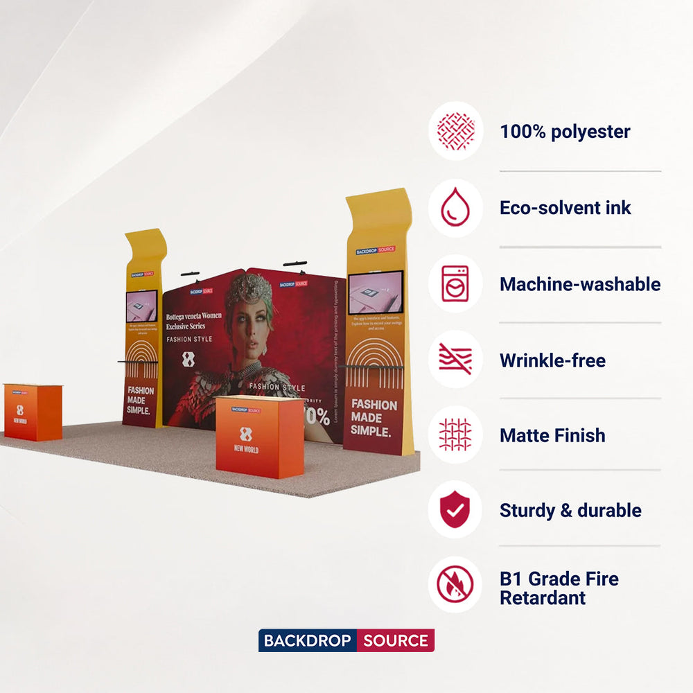 6x3m Booth Kit with Inclined Walls, 3D Shelf Stands & TV Mounts
