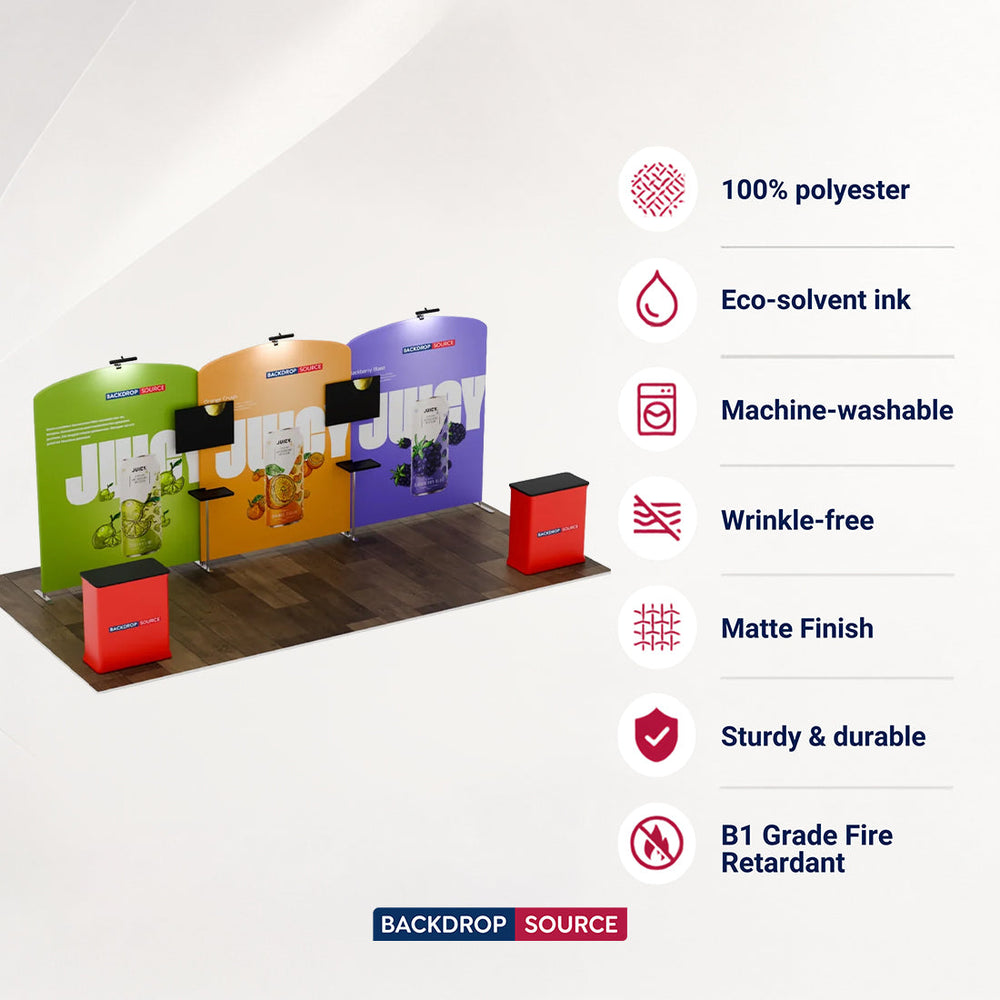 Kit de stand 6x3m avec trois murs arqués incurvés et 2 comptoirs