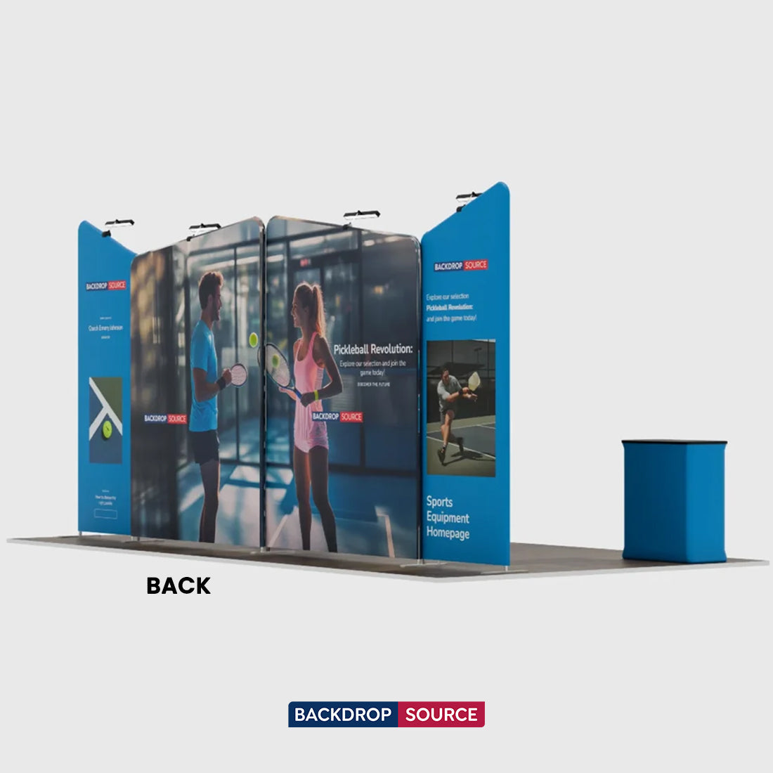 Kit de stand 6x3m avec quatre parois inclinées et 2 comptoirs