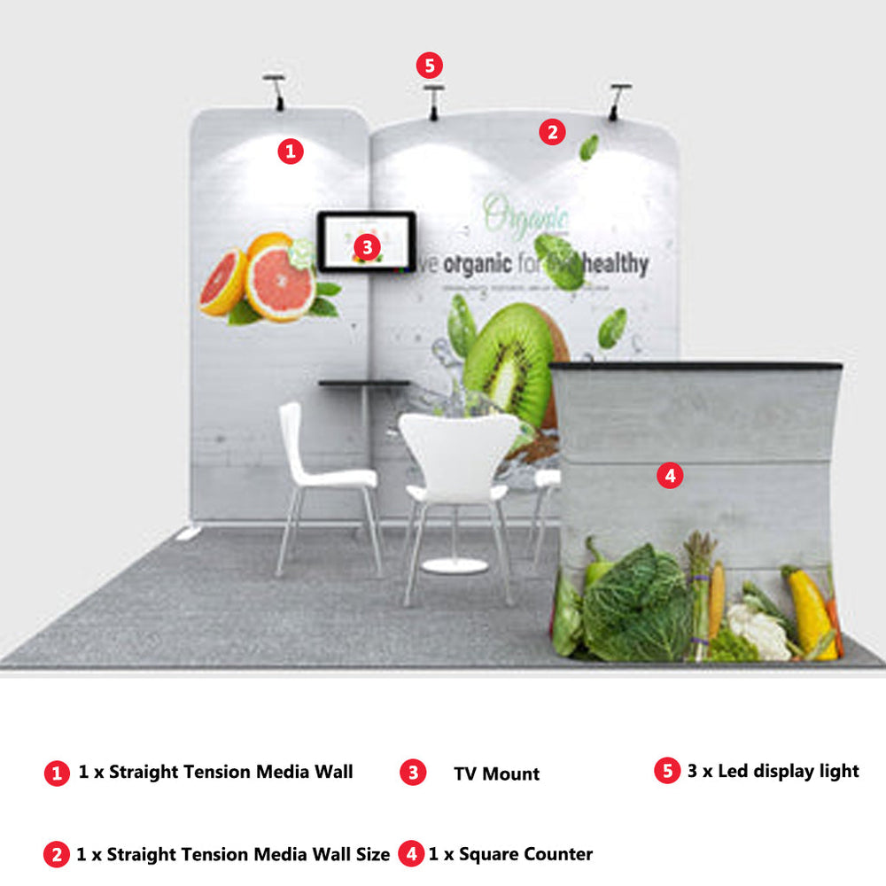 Kit de stand 3x3m avec cloisons inclinées et droites, comptoir et support TV