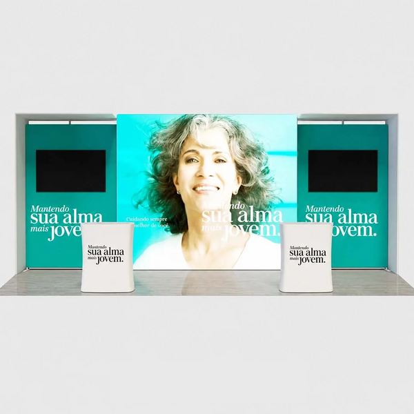 Kit de stand SEG rétroéclairé 3x6m avec supports en arche en L et 2 murs TV