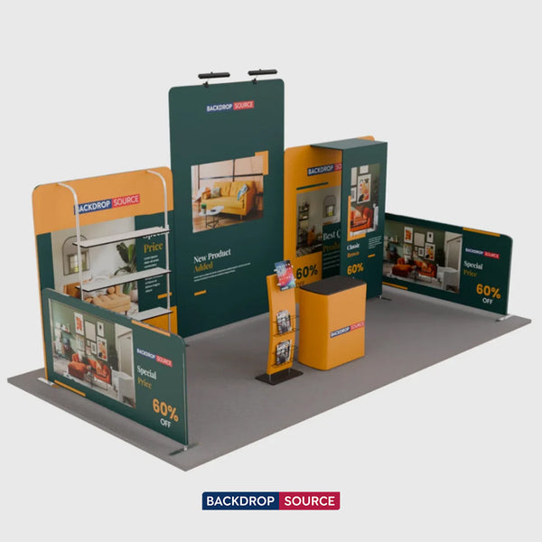 Kit de stand 6x3m avec murs tendus, étagères, comptoir et support pour iPad