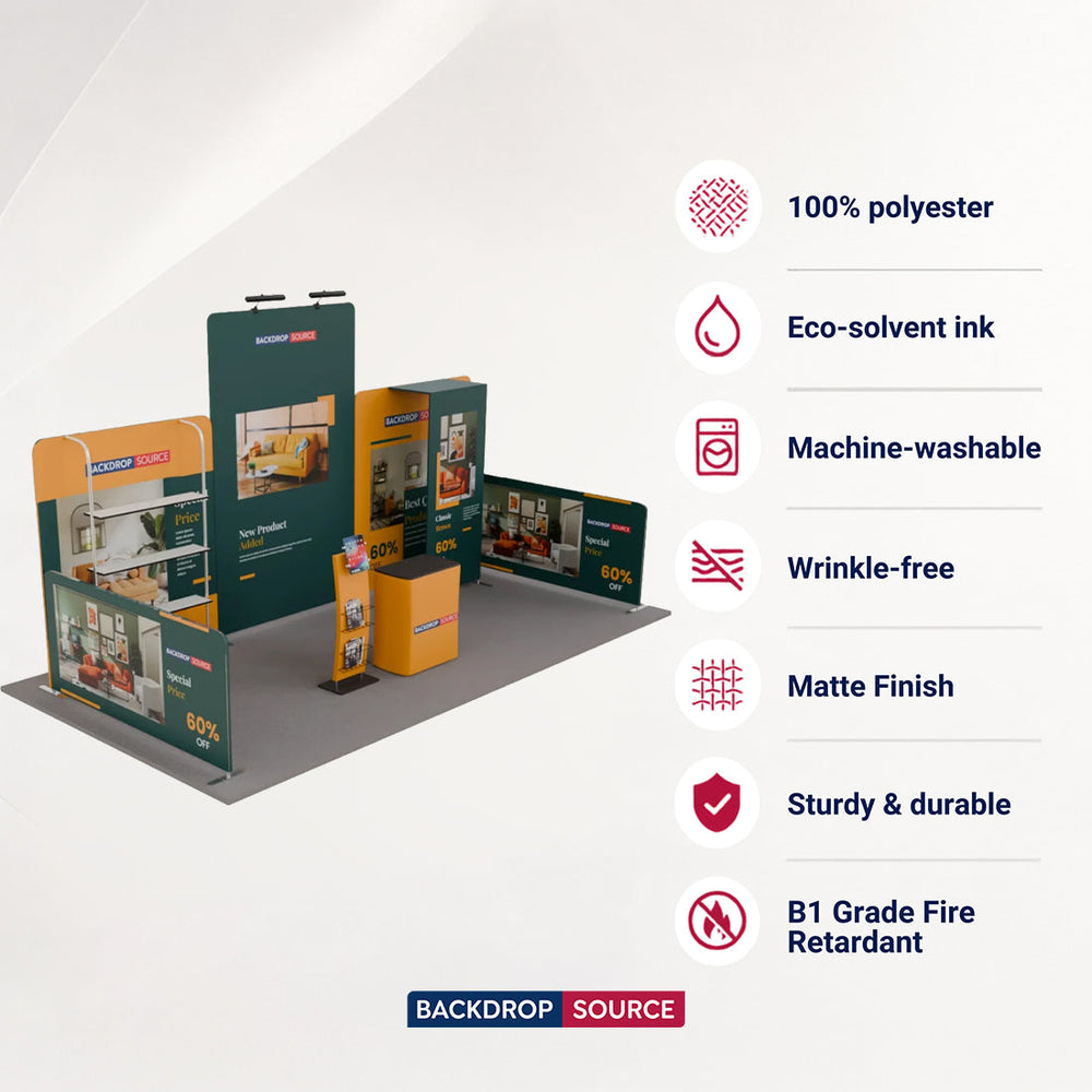 Kit de stand 6x3m avec murs tendus, étagères, comptoir et support pour iPad