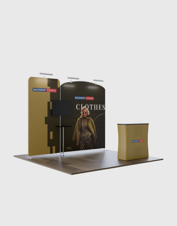 Kit de stand 3x3m avec cloisons inclinées et droites, comptoir et support TV