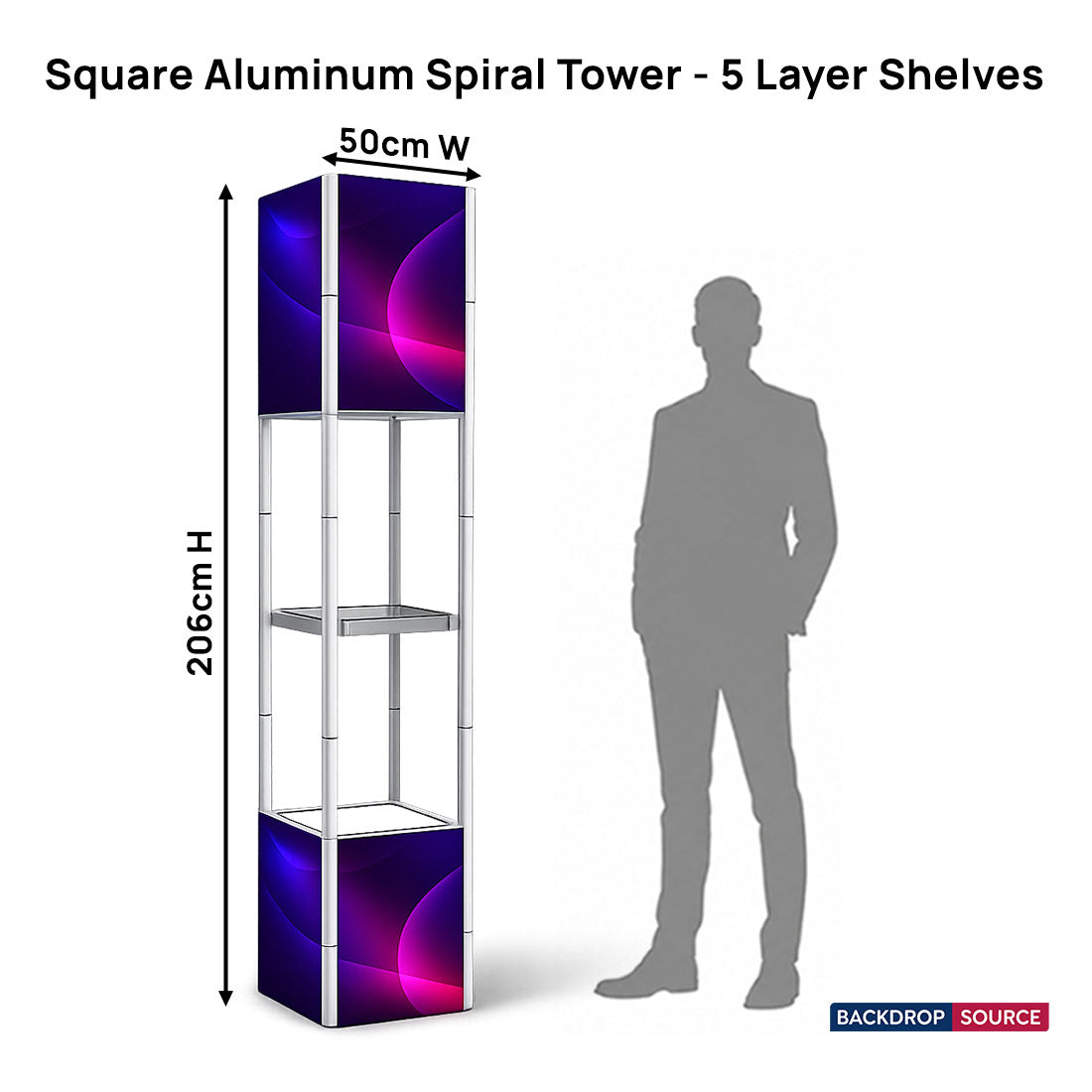 Présentoir tour en spirale en aluminium portable carré - 5 niveaux d'étagères