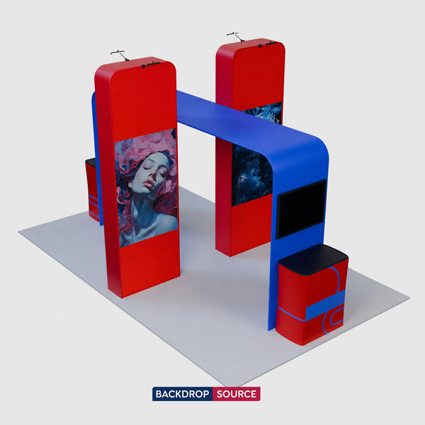 Kit de stand 6x3m avec murs médias 3D, arche TV carrée et 2 comptoirs