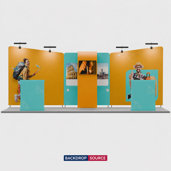 Kit de stand 6x3m avec murs inclinés, support TV en arche en L et 2 comptoirs