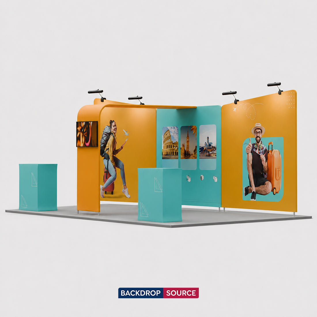 6x3m Booth Kit with Inclined Walls, L-Arch TV Mount & 2 Counters
