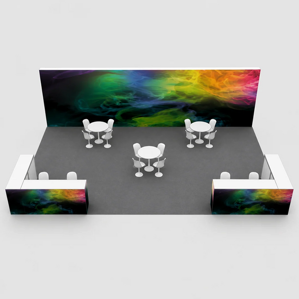 Kit de stand SEG 9x6 m avec mur d'images pleine largeur et 4 comptoirs