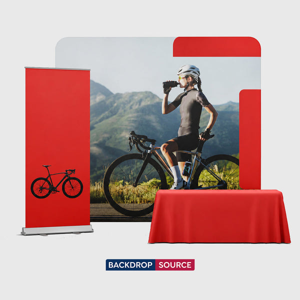 Kit de stand de départ 3x3m avec mur de fond, support de bannière et nappe