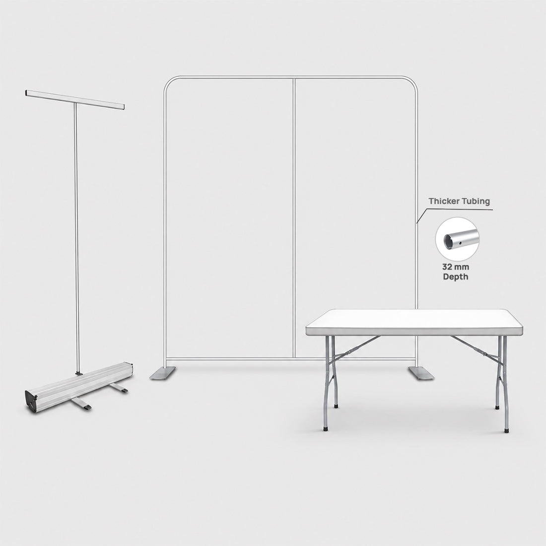 Kit de stand de départ 3x3m avec mur de fond, support de bannière et nappe
