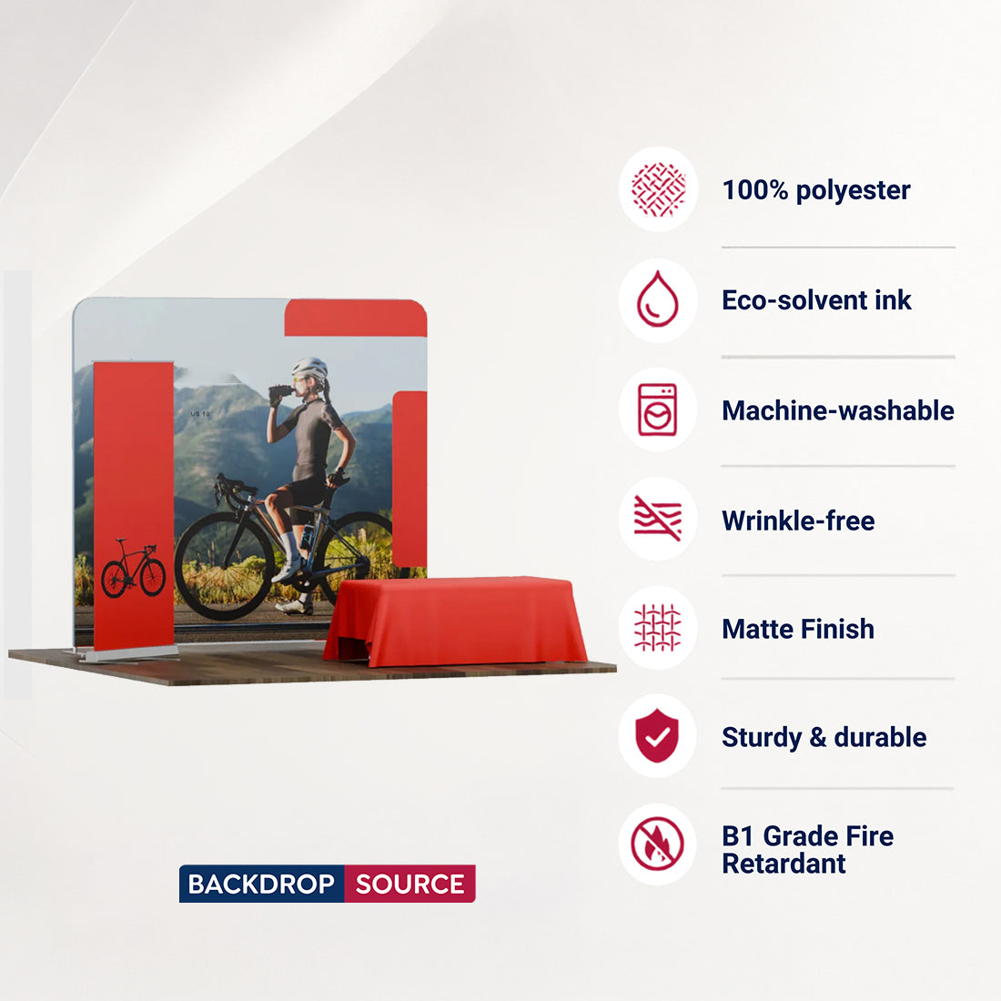 Kit de stand de départ 3x3m avec mur de fond, support de bannière et nappe