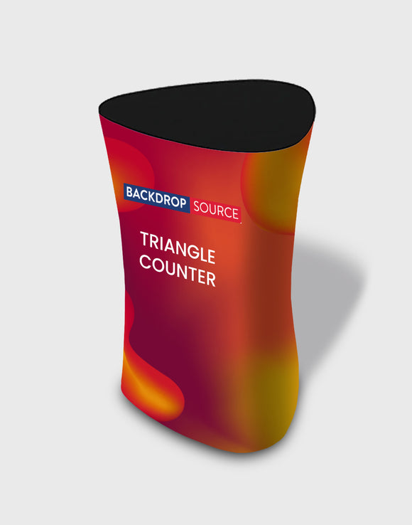 Triangular fabric display counter (for podium and stand exhibitions)