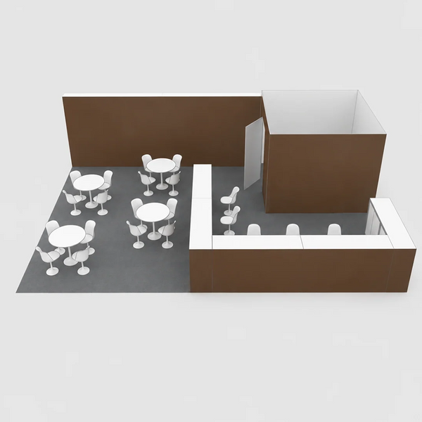 Kit de stand SEG 9x6m avec réserve fermée et 5 comptoirs