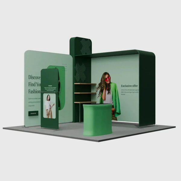 Kit de stand en L 3x3m avec mur à caisson d'étagères 3D et comptoir