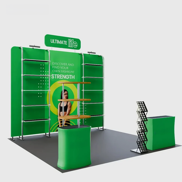 Kit de stand 3x3m avec rayonnages perforés, enseigne haute et 2 comptoirs
