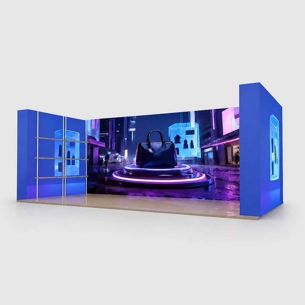 Kit de stand 3D Media Wall 3x6m avec 12 étagères de présentation