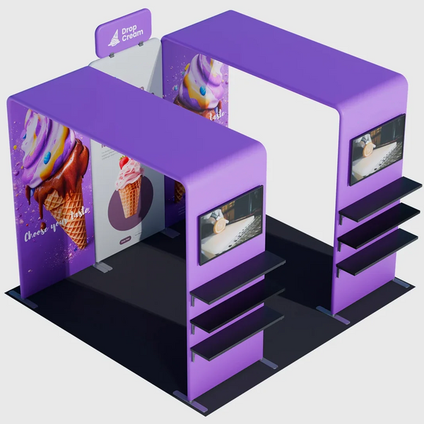 Kit de stand 3x3m avec doubles arches carrées, étagères et support TV