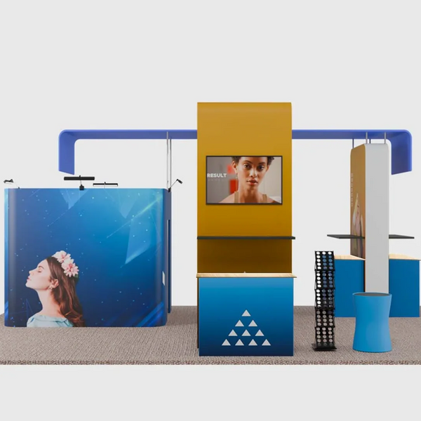 Kit de stand 6x6m avec réserve fermée, arche TV et 5 comptoirs