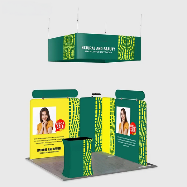 Kit de stand 3x3m avec cloisons modulaires, bannière suspendue et comptoir