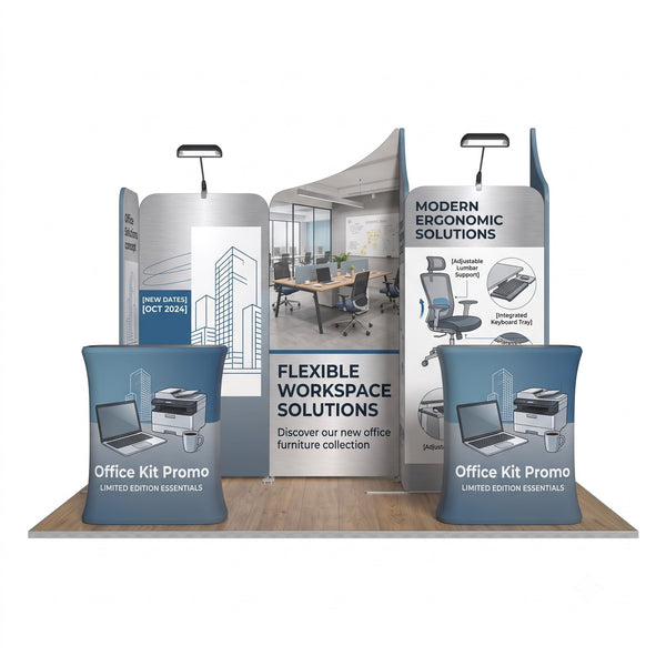 Kit d'exposition avec stand magnétique droit et incliné pour bannière en tissu et stand parapluie