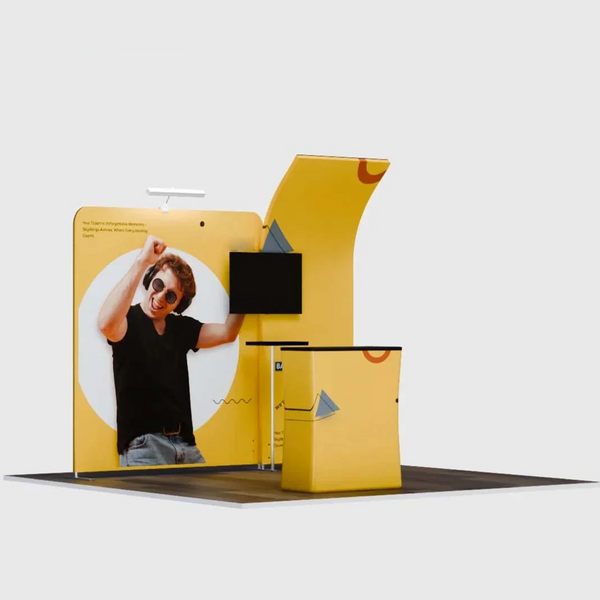 Kit stand 3x3m avec murs courbes et droits, comptoir et support TV