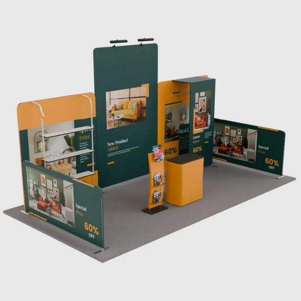 Kit de stand 6x3m avec murs tendus, étagères, comptoir et support pour iPad