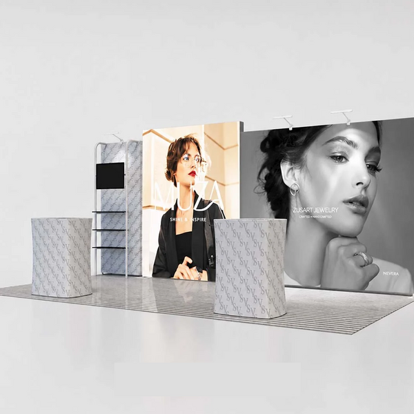 Kit de stand rétroéclairé SEG 3x6m avec étagères TV et 2 comptoirs LED