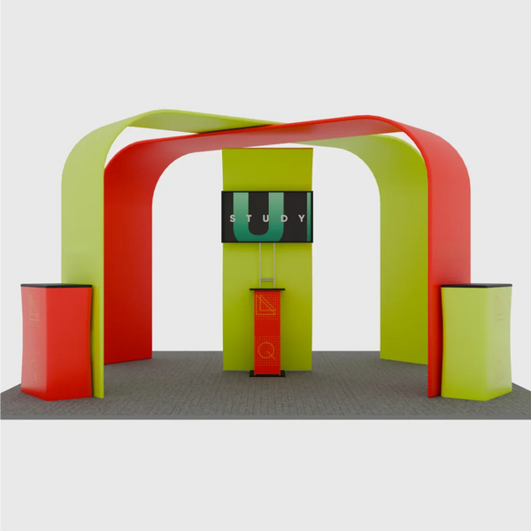 Kit de stand 6x6m avec présentoir en S, arches carrées et 4 comptoirs