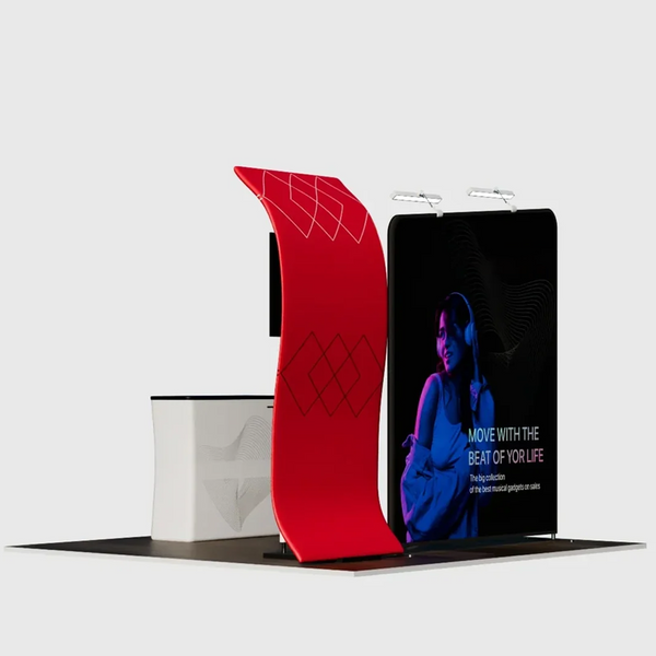 Kit de stand 3x3m avec panneau en S et paroi inclinée, comptoir et TV