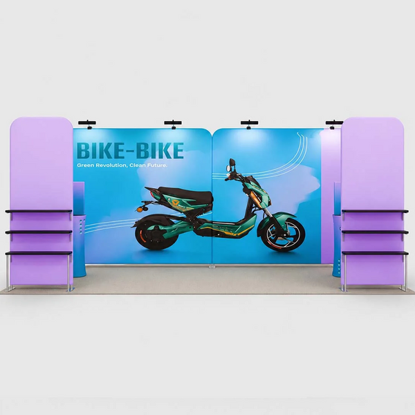Kit de stand 3x6m avec murs tendus, étagères et 2 comptoirs