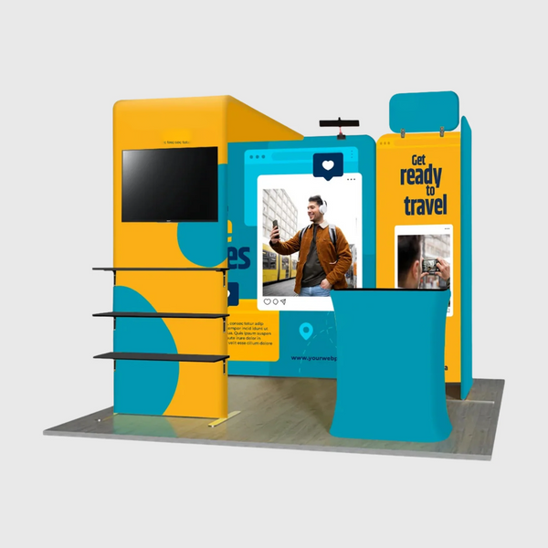 Kit de stand magnétique 3x3m avec arche en L, colonne porte-TV et comptoir