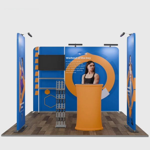 Kit de stand 3x3 m avec mur de fond, 2 bannières, support TV et comptoir ovale