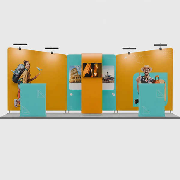 Kit de stand 6x3m avec murs inclinés, support TV en arche en L et 2 comptoirs