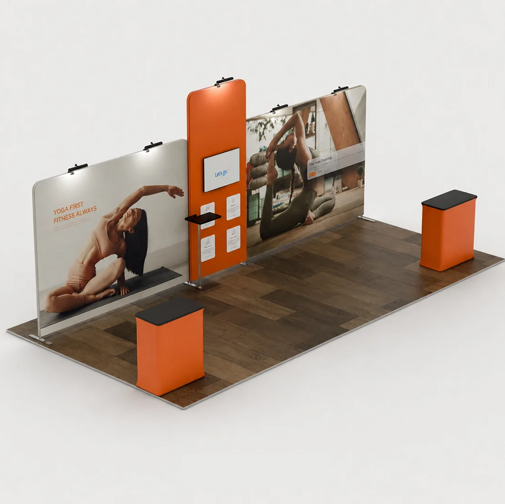 6x3m Booth Kit with Tall Corner Wall, 2 Counters & TV Mount