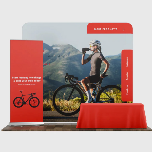 Kit de stand de départ 3x3m avec mur de fond, support de bannière et nappe