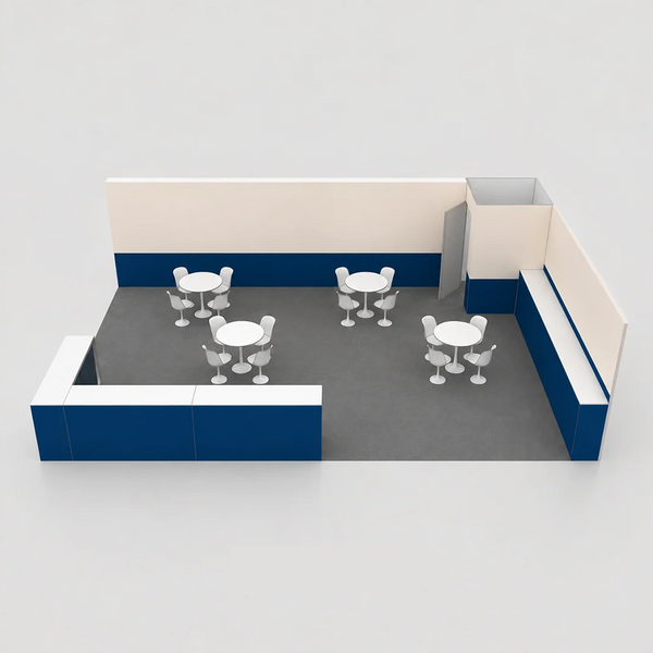 Kit de stand pour mur d'images SEG 9x6m avec espace de rangement verrouillable et comptoir