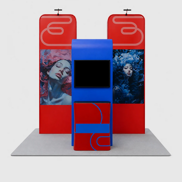 Kit de stand 6x3m avec murs médias 3D, arche TV carrée et 2 comptoirs