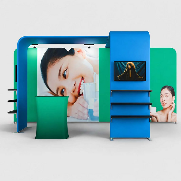 Kit de stand magnétique 3x6 m avec 2 tours présentoirs en L pour TV et comptoir