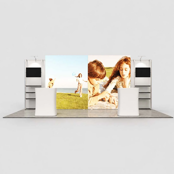 Kit de stand rétroéclairé SEG 3x6m avec caisson lumineux de 4m et supports pour écran TV