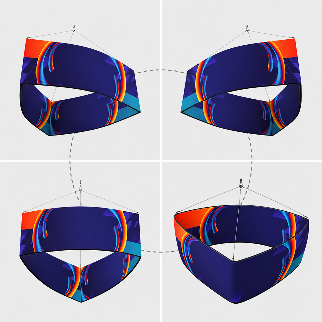 Four views of curved triangle hanging banner without text or logos