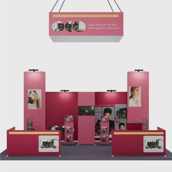 Kit de stand 6x6m avec murs tendus, arche TV et porte-brochures