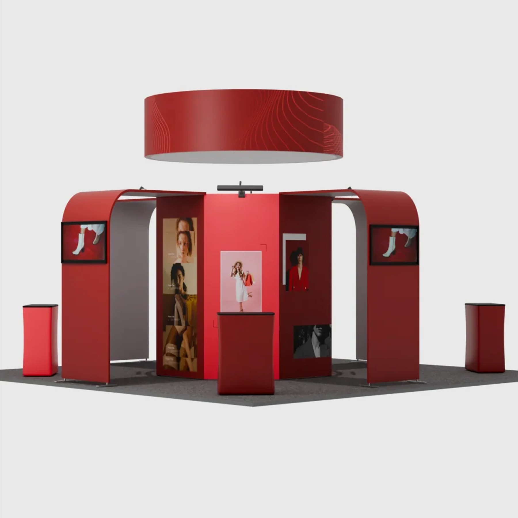 6x6m Island Booth with Circular Banner, TV Arches & 4 Counters