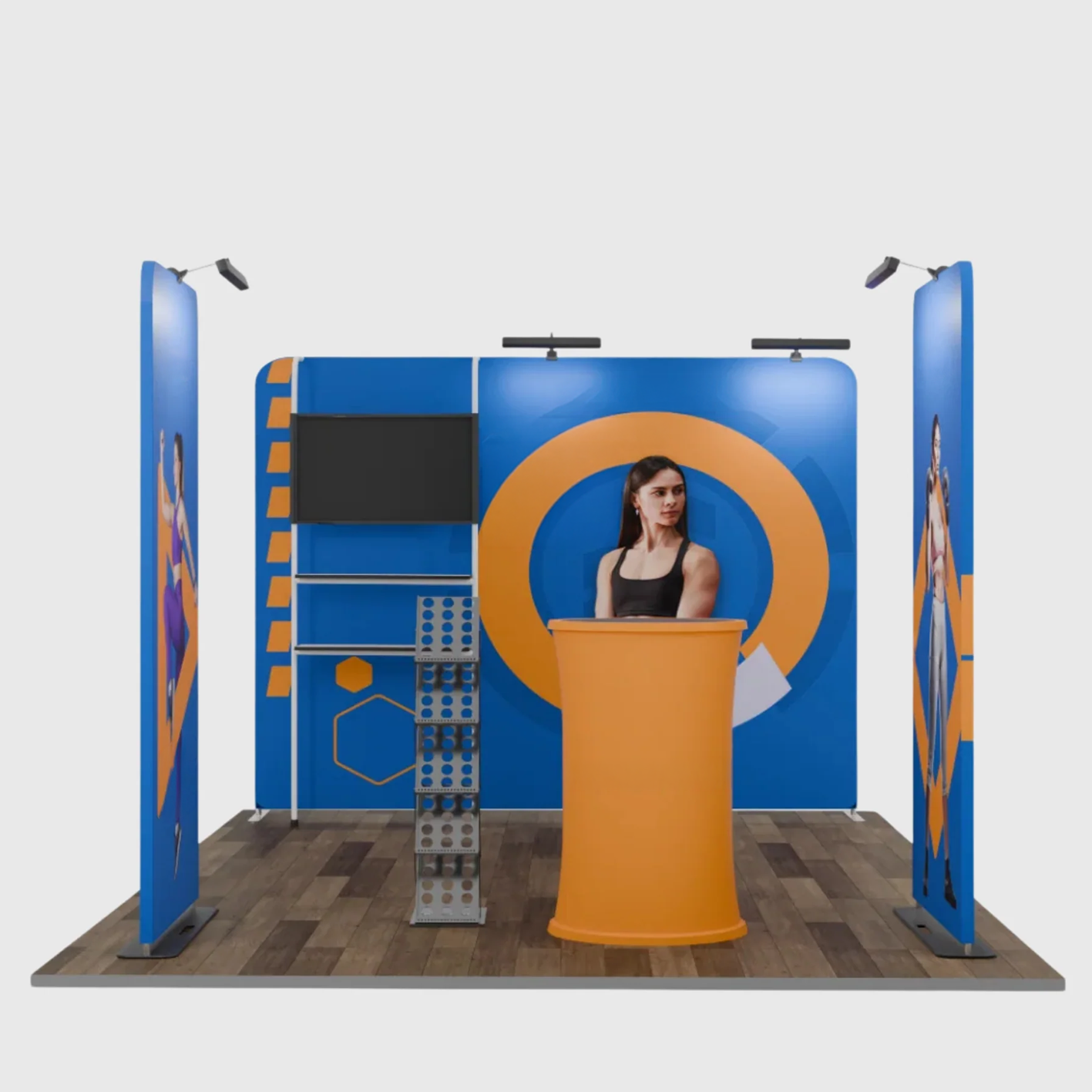 3x3m Booth Kit with Backwall, 2 Banners, TV Shelf & Oval Counter