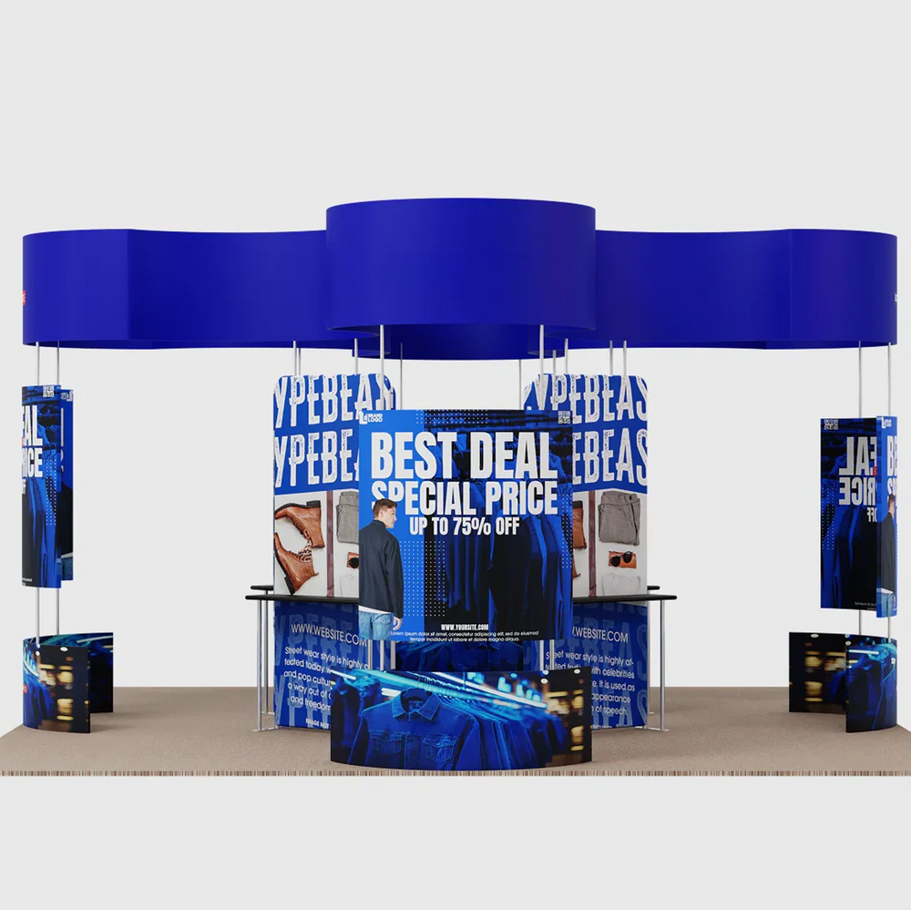 6x6m Island Booth with Curved Wall Panels & Display Shelving
