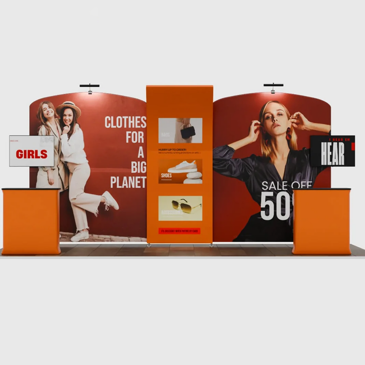 6x3m Booth Kit with Curved & Slanted Walls, 2 Counters & TVs