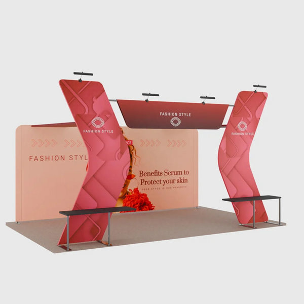 Kit de stand 6x3m avec mur de fond de 6m, étagères en V et enseigne